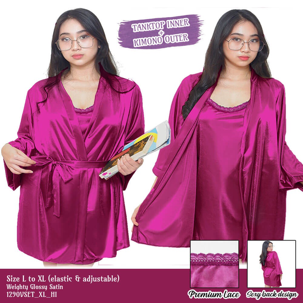 kimono pendek set baju tidur satin ungu big size jumbo