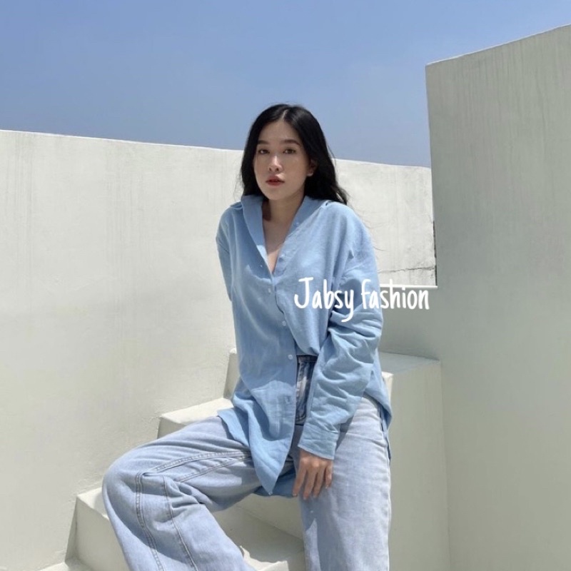 Kemeja Oversize Linen Wanita - Alea Shirt-Alea blue sky