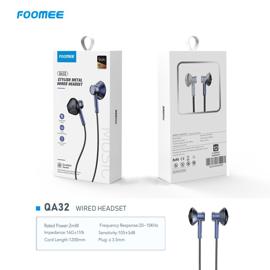 Headset With Mic FOOMEE QA32 Headset Stereo Sound Jack 3.5 120cm