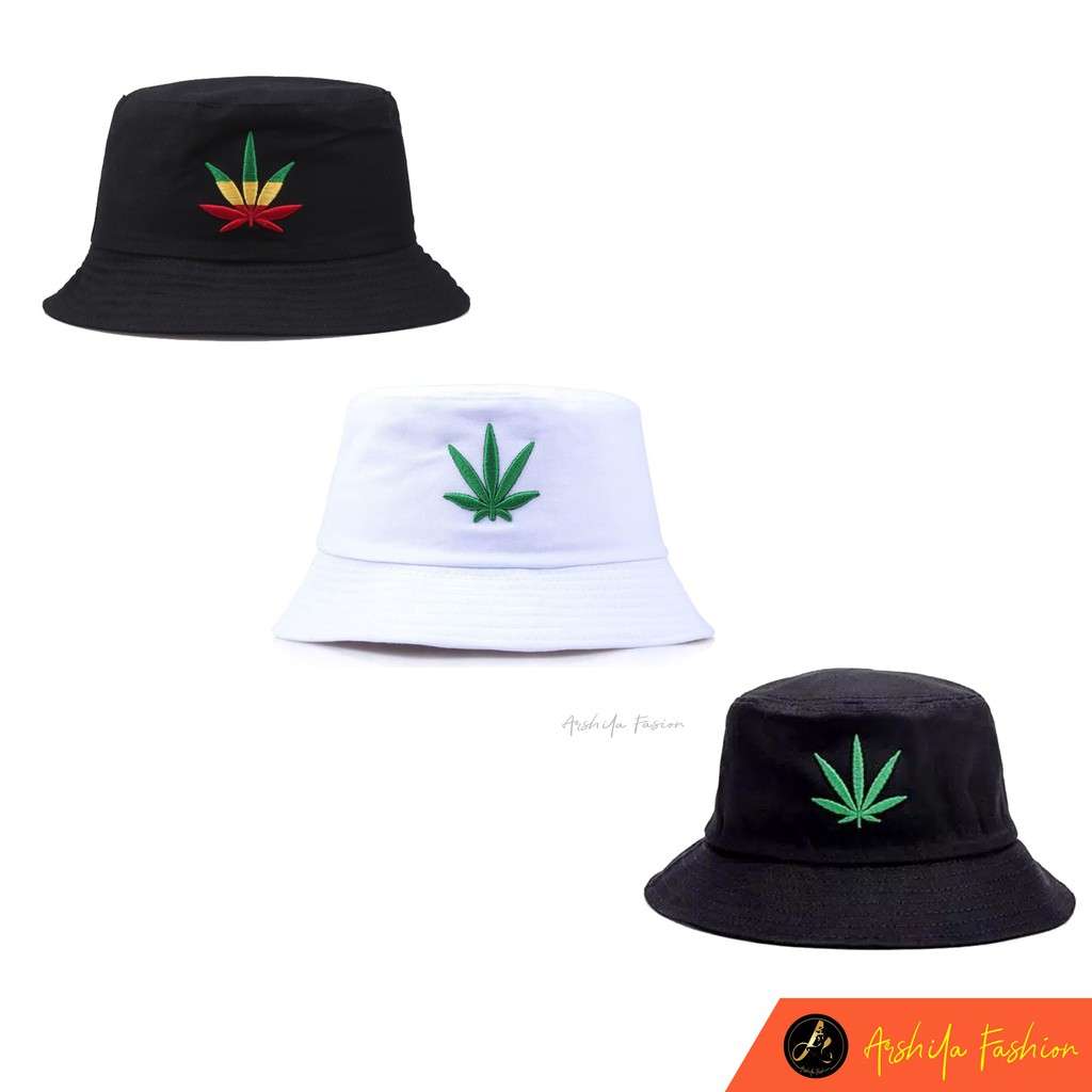 Topi Bucket Bordir Daun / Bucket Bordir / Arshila_fashion