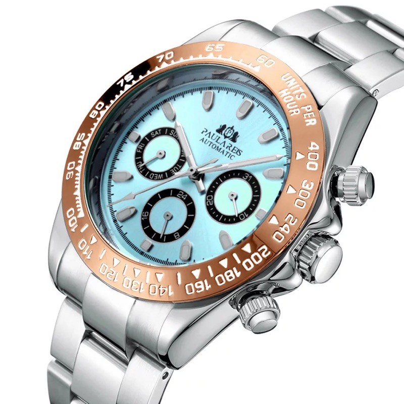 Jam Tangan Pria Paulareis Automatic Homage Daytona Blue Ice Dial Chestnut Ring Premium Paulereis Original