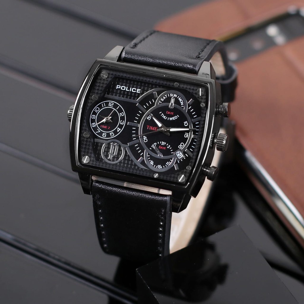 (COD) Jam Tangan Pria Police P6856SL Double Time Tanggal Aktif Tali Kulit Free Box & Baterai