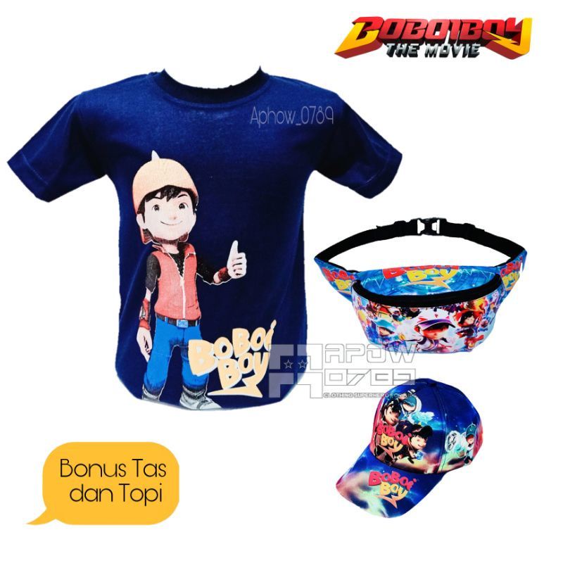 Paket murah 3in1 kaos anak laki-laki Boboiboy | free tas waistbag anak dan topi Boboiboy