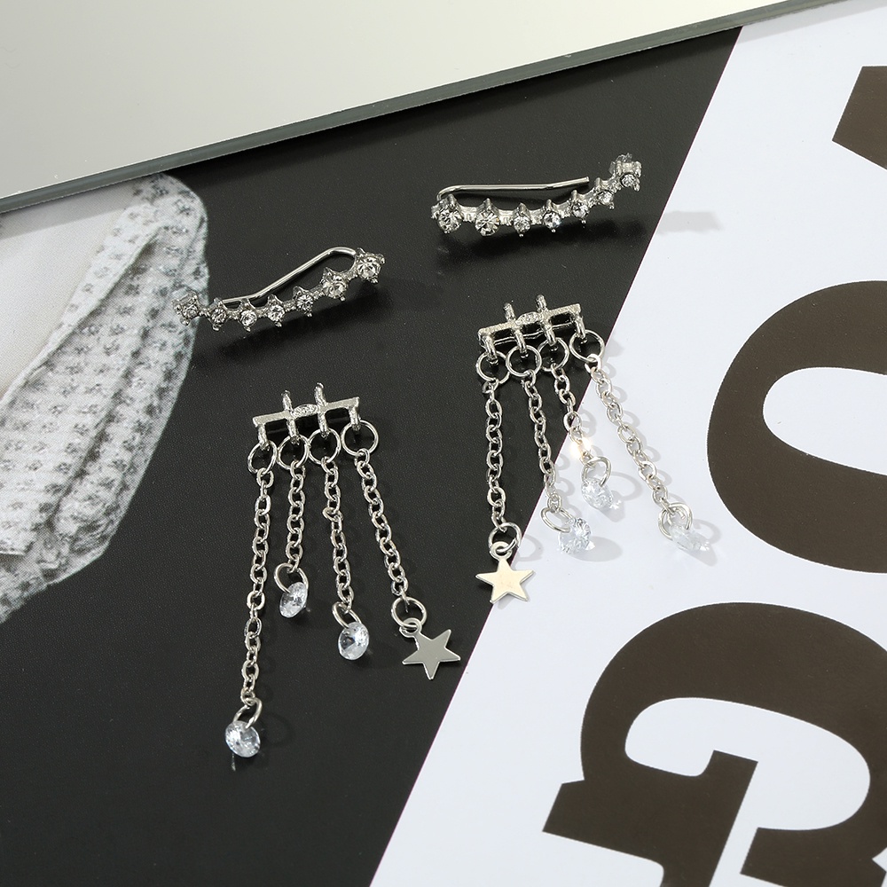 Anting Gantung Panjang Tusuk Gaya Korea Motif Bintang Aksen Kristal + Rumbai Untuk Perhiasan Wanita