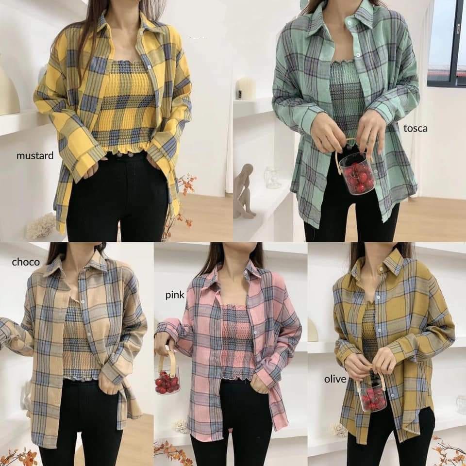 Tq88indonesia Fashion Set Kemeja  Wanita 2IN1 Katun Kotak Terbaru / Set Angeline / Kem Wanita Terbaru / Baju Set Wanita Wanita Kekinian / Ootd / Pakaian Santai Wanita