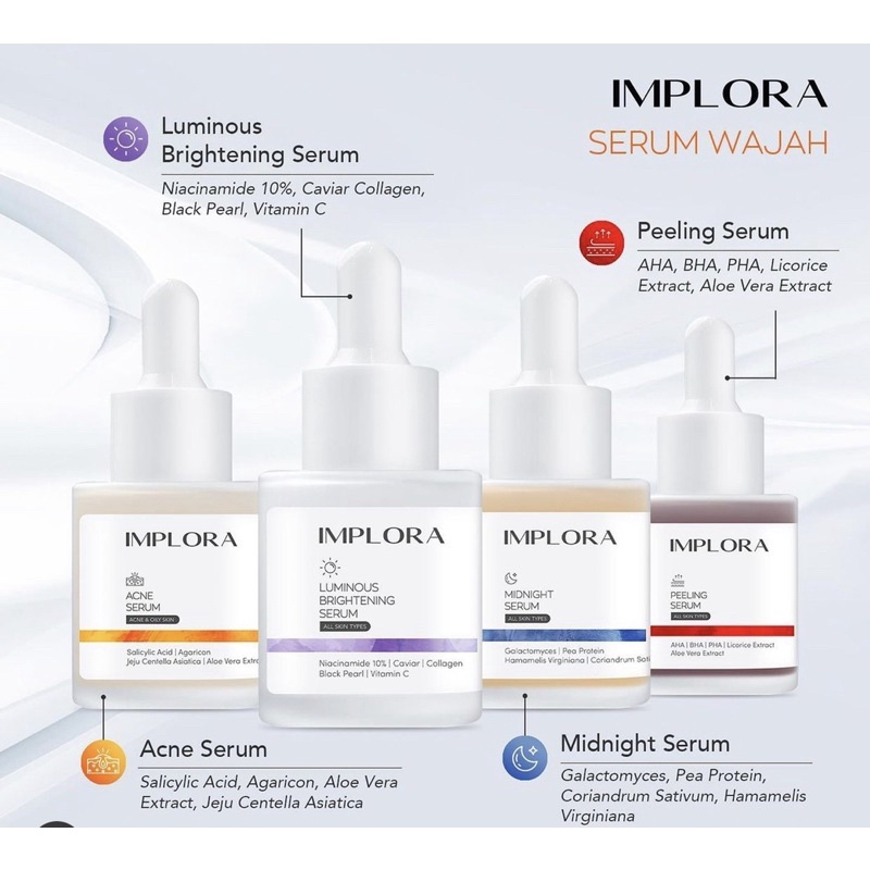 IMPLORA Serum Wajah 20ml BPOM - LUMINOUS BRIGHT| ACNE | PEELING | MIDNIGHT FACE SERUM IMPLORA