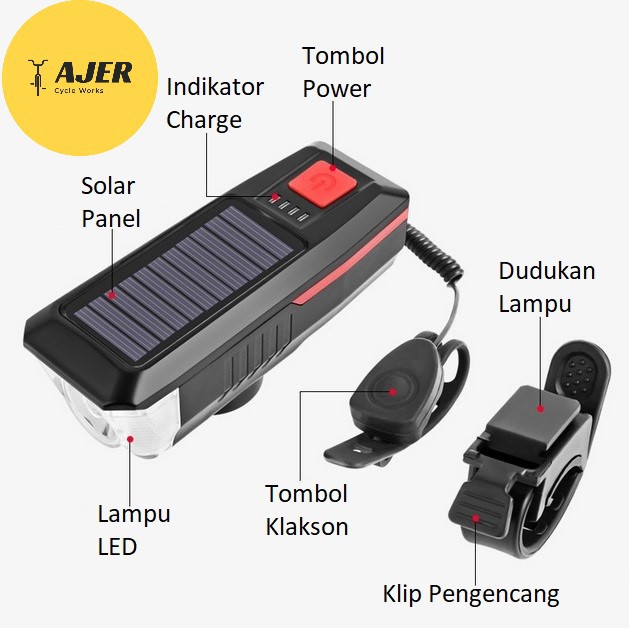 Lampu Klakson bel sepeda depan Solar Panel rechargeable tenaga surya matahari LED waterproof