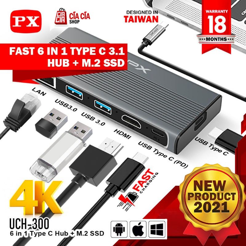 USB Type C Ipad HUB Adapter Converter 6 in 1 with SSD Up to 2 TB PX UCH-300