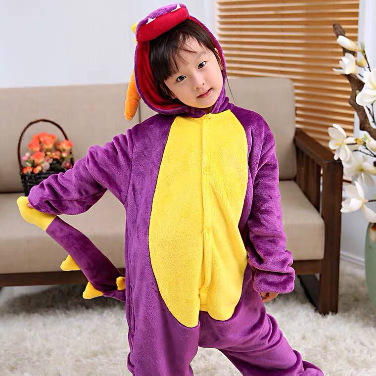 KOSTUM ONESIE DINO DINOSAURUS UNGU GODZILLA PIYAMA COSPLAY ANAK IMPOR LEMBUT