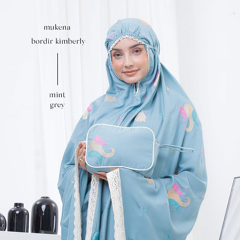 Mukena Dewasa Bahan Rayon Adem Motif Bunga Bordir Cantik Kimberly Mint Grey Blue Biru Muda