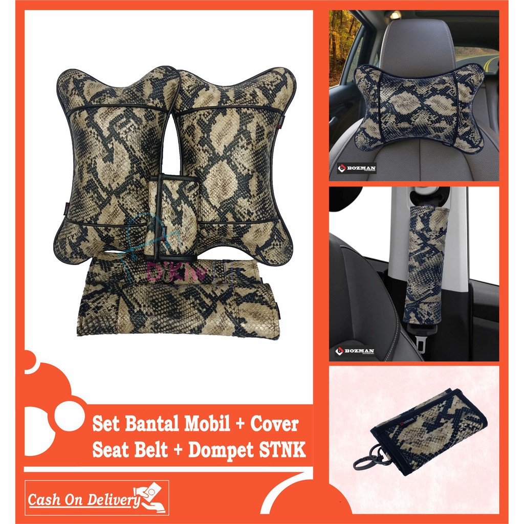 Set Bantal Mobil Motif Ular 3 in 1 Kulit Sintetis Premium Bantal Mobil Seatbelt Dan Kunci Stnk