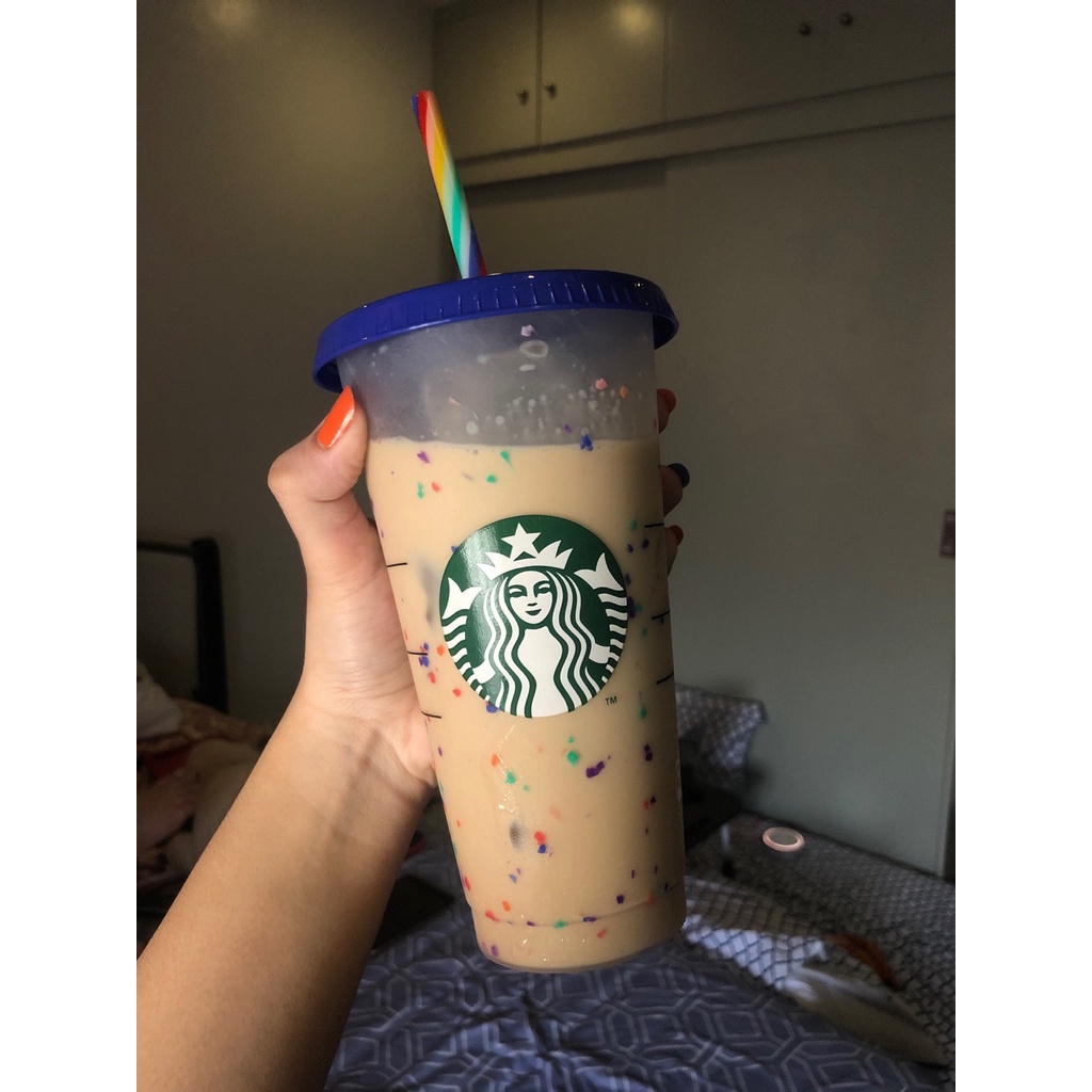 Starbucks Confetti Cup Reusable Color Changing Rainbow Cup Cold Cup with Straw