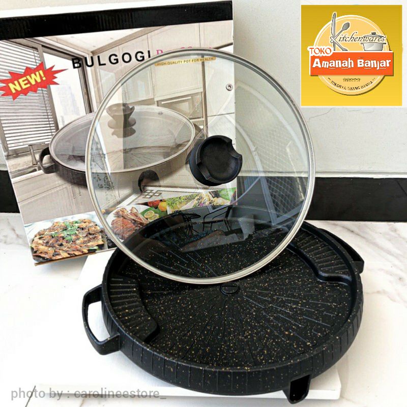 NEW Bulgogi Grill Pan 32cm | Alat Panggang BBQ | Anti Lengket | Free Tutup Kaca | Korean Grill Pan |