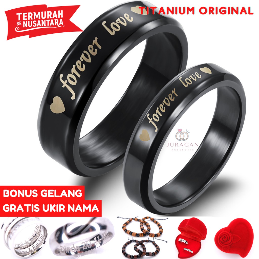 AILOVIU Cincin Couple Ukir Nama R38 Black Love Titanium Tunangan Kawin High Quality + BONUS Gelang Couple