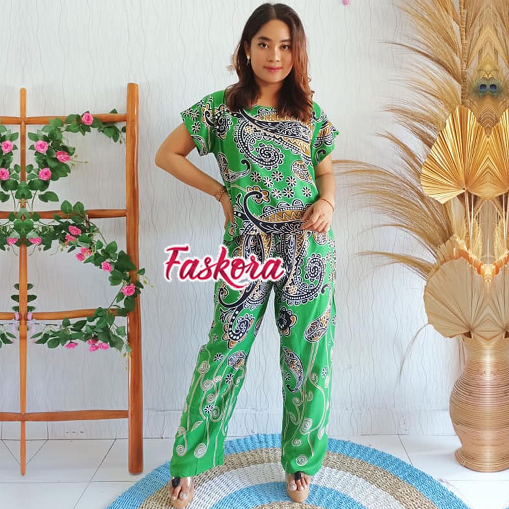 Piyama Rayon Jumbo Lengan Pendek One Set Wanita Kekinian Remaja Pajamas Polos Kombinasi Auristela-Jodha 1 Hijau