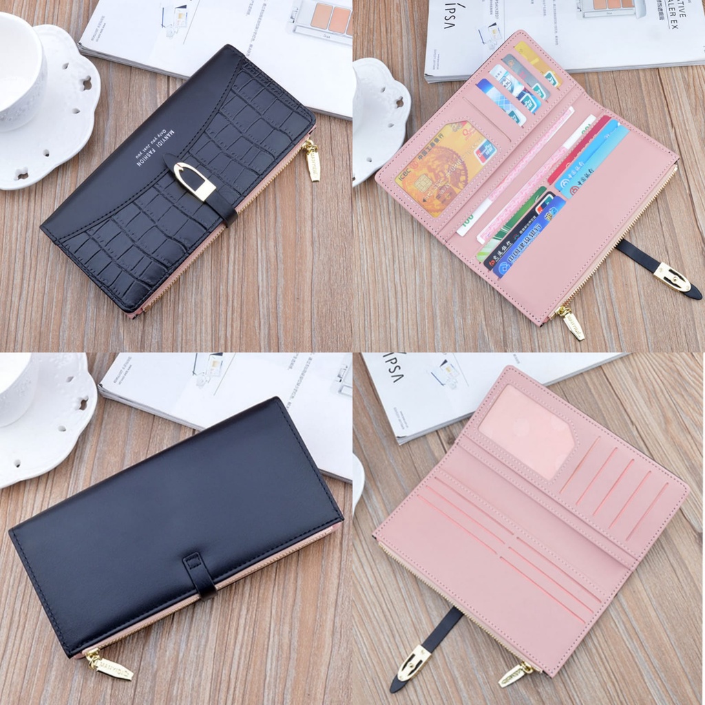 DOMPET PANJANG WANITA KOREA KULIT CROCO HITAM LINOIS WA480B5 IMPORT TIPIS RESLETING SLOT KARTU UANG SIMPLE LUCU REMAJA KEKINIAN BRANDED CEWEK MURAH BATAM PREMIUM