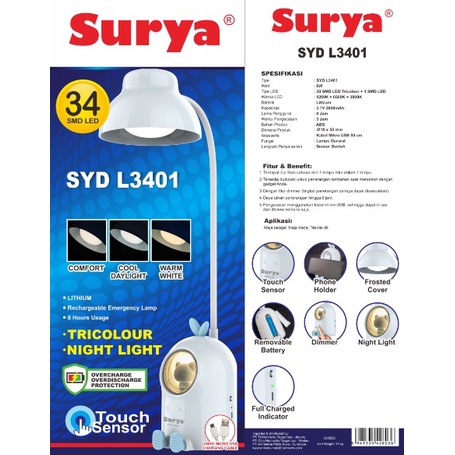 SURYA Lampu Meja Belajar Cas Sensor 3 Warna Tricolour SYD 3401