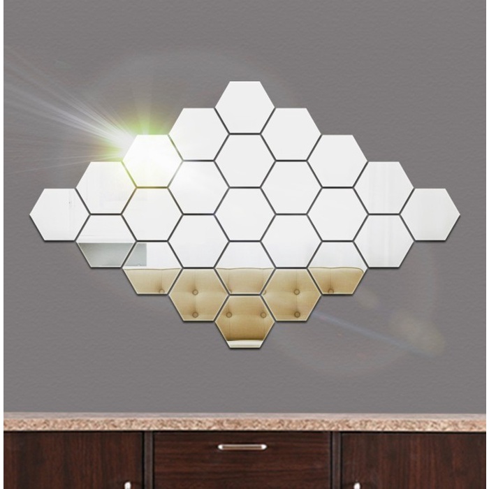 CERMIN KACA HEXAGONAL MIRROR STIKER DEKORASI HIASAN DINDING INTERIOR