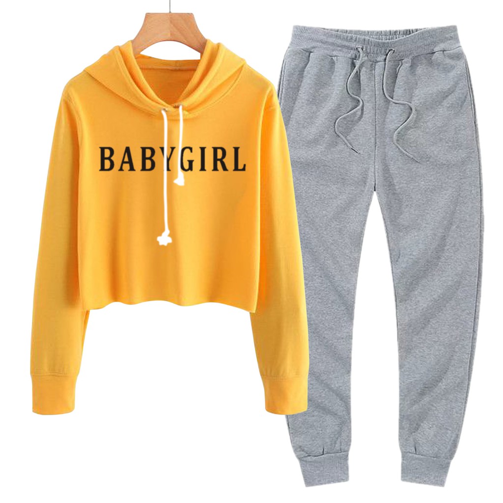 BESS - Baju Setelan Wanita Murah / Setelan Hoodie Crop + Jogger Abu - BABYGIRL