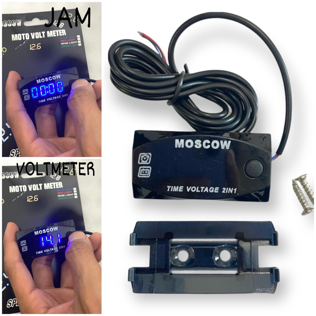 VOLTMETER AKI 2 IN 1 MOSCOW JAM DAN VOLT METER WATER PROOF LED BIRU UNIVERSAL SEMUA MOTOR DAN MOBIL