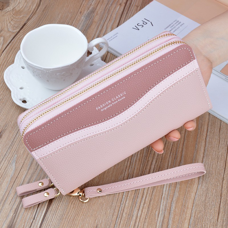 DOMPET WANITA 2 RESLETING LASSA WA122P3 KULIT PREMIUM PINK PESTA PANJANG IMPORT KOREA MURAH TALI ABG