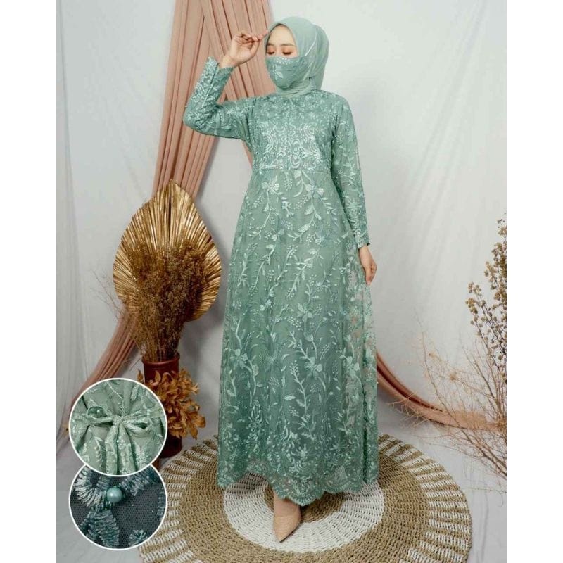 (REALPICT)GAMIS NAJWA AMIRA TILE BRUKAT MUTIARA HIJAU WARDAH
