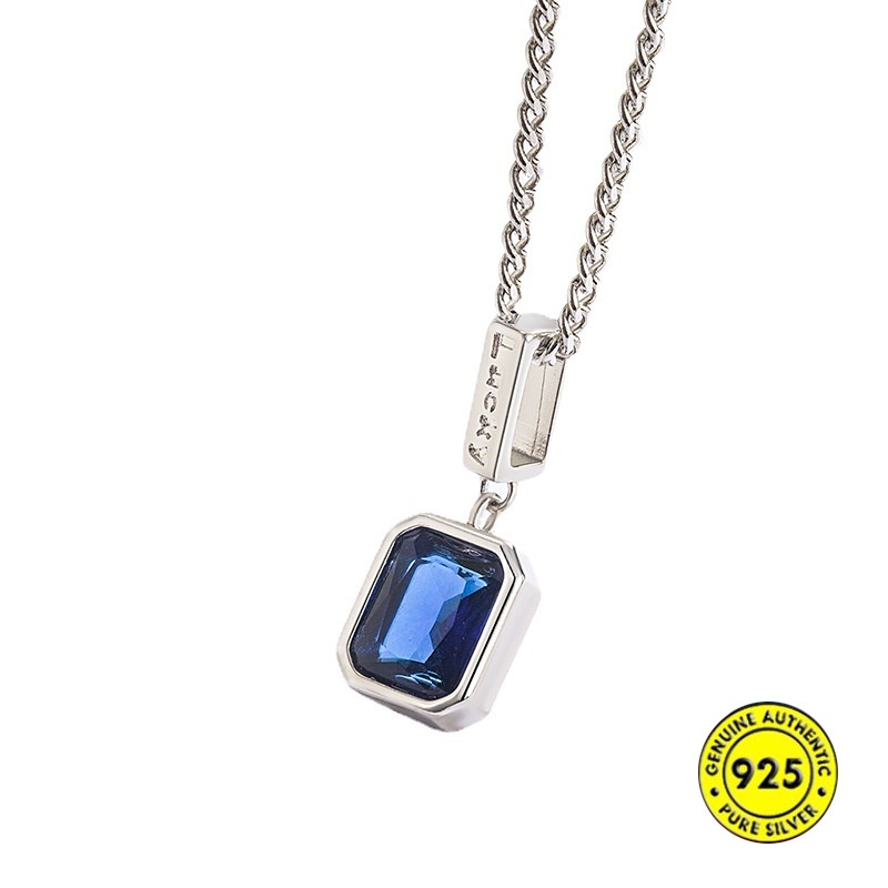 Kalung Rantai Sterling Silver 925 Dengan Liontin Kubik Zirconia Biru Untuk Wanita