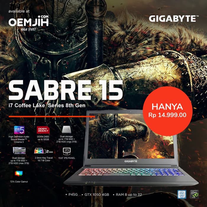 HNC004 GIGABYTE Laptop Sabre 15 P45G i7-8750H 8GB 1TB  GTX1050 4GB DOS