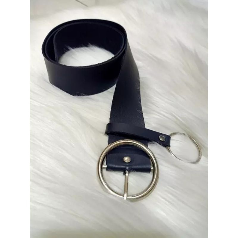 DOUBLE RING belt sabuk bulat ikat pinggang hitam silver gesper cewek cowok