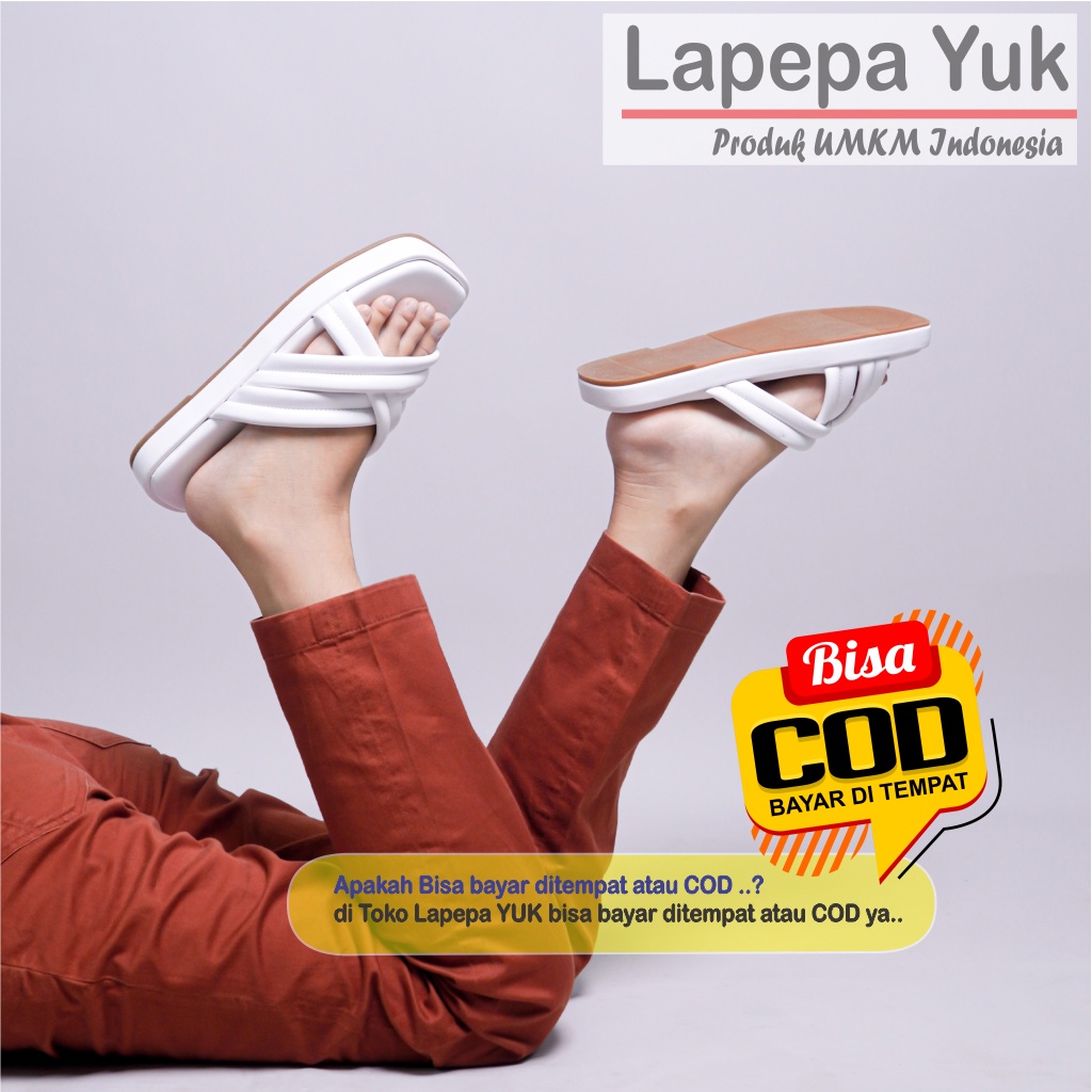 LAPEPA YUK - Sandal Wanita Wedges SHENNA Sendal Cewek Platform Kondangan Hak Tinggi 3cm Model Silang 3 Size 36 37 38 39 40 Pergi Jalan Casual Santai Rumah Slop Warna WHITE Putih Soft Selop Premium Original Kekinian Terbaru Shoes ORI Mall Official Store