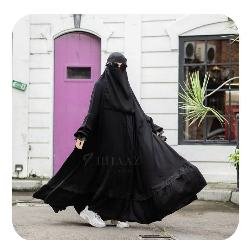 FloorHijab by Hijaaz.id Size 165cm / khimar Overhead Jetblack List Renda Asilah Hitam