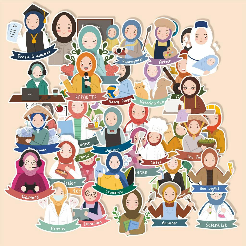 

(50 pcs )scrapbook/murah /bisa cutting/Random cetak stiker satuan CUTE HIJAB PROFFESSION murah