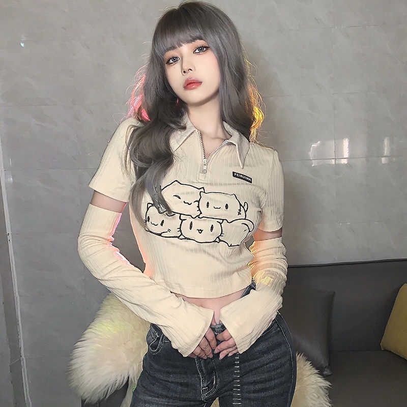 Cute girly retro cream print POLO collar top wanita pinggang tinggi slim fit cropped pusar T-shirt l