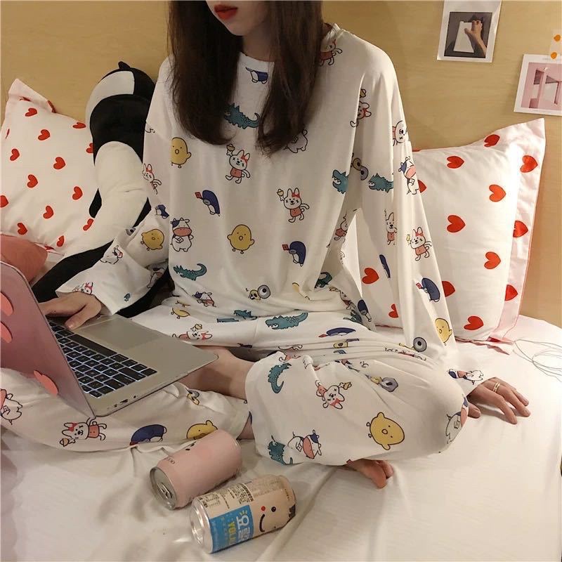 Setelan Lengan Panjang Piyama Baju Tidur Wanita Kartun Karakter Pajamas Dewasa-SET PJG Croco Putih