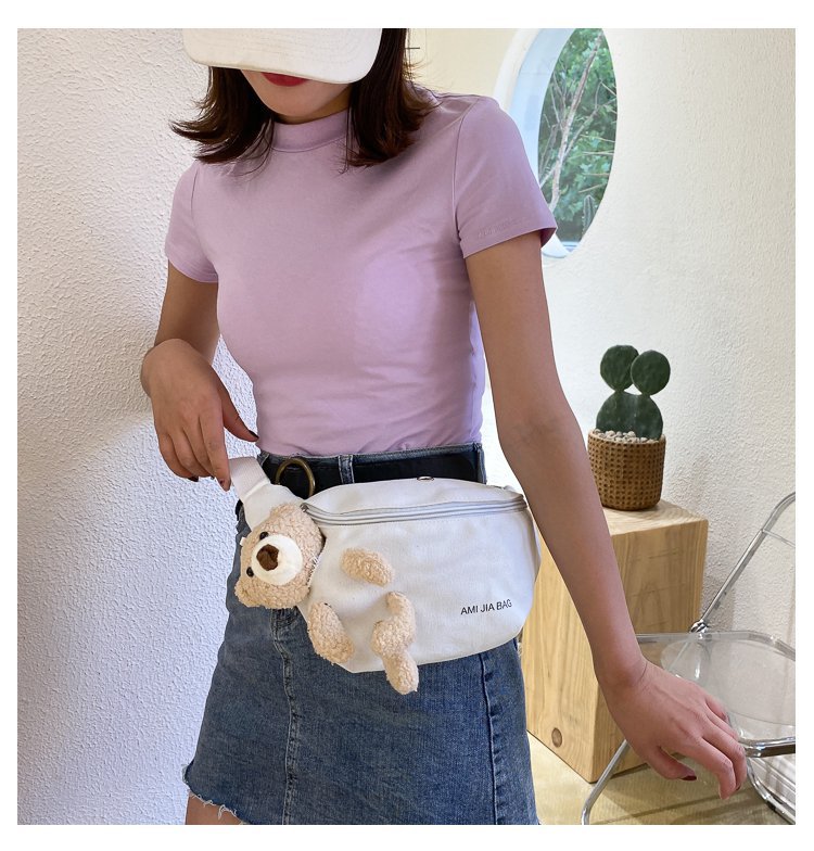 Tas Pinggang Wanita Bahan Canvas Waistbag Gantungan Boneka Import