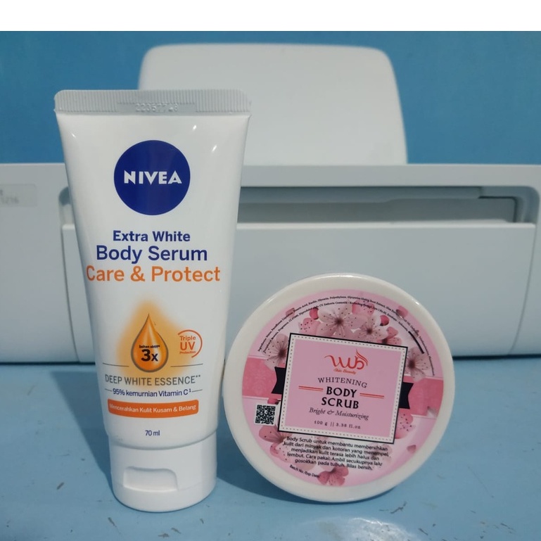 Paket pemutih badan wub body scrub original, nivea body serum original