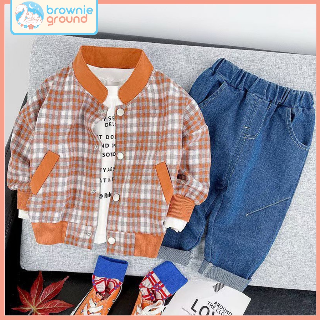 BROWNIEGROUND- Setelan baju baby impor premium MOTIF CARAMEL KOTAK KOTAK/ Setelan baju baby 0-4 Tahun LUCU