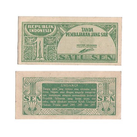 Uang kuno Indonesia 1 Sen 1945 Seri ORI Known as White Money