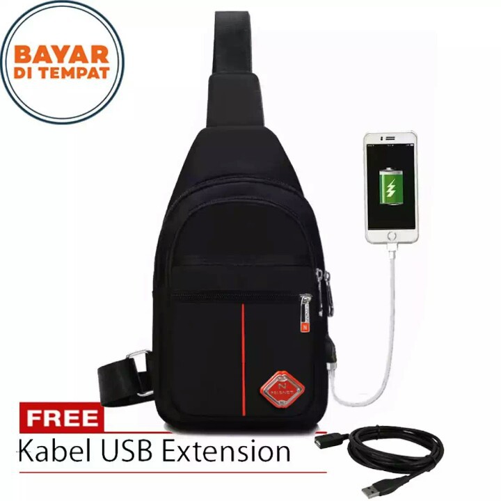 Polo Net Tas Slingbag Pria Tas Selempang Pria USB Port Tas Fashion - Black