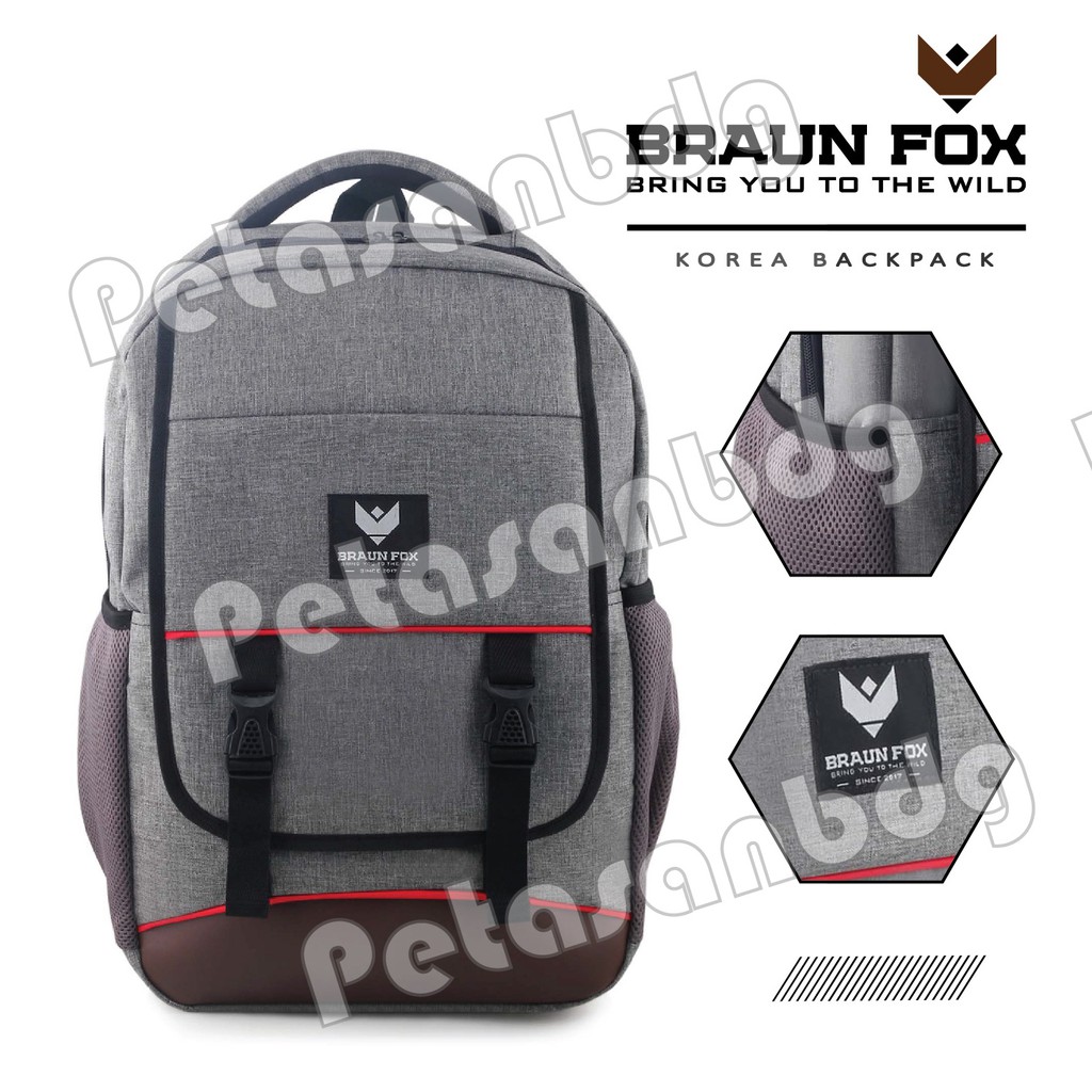 PTS -Tas Ransel Korea Braun Fox Yaizu Laptop Backpack - Grey - FREE Raincover