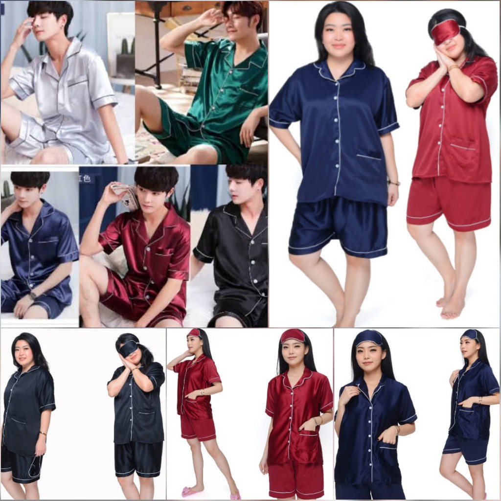 BAJU TIDUR HOTPANT/CELANA PENDEK COUPLE SUAMI ISTRI/PASANGAN COWOK JUMBO LD 130 140 BAHAN SATIN POLOS