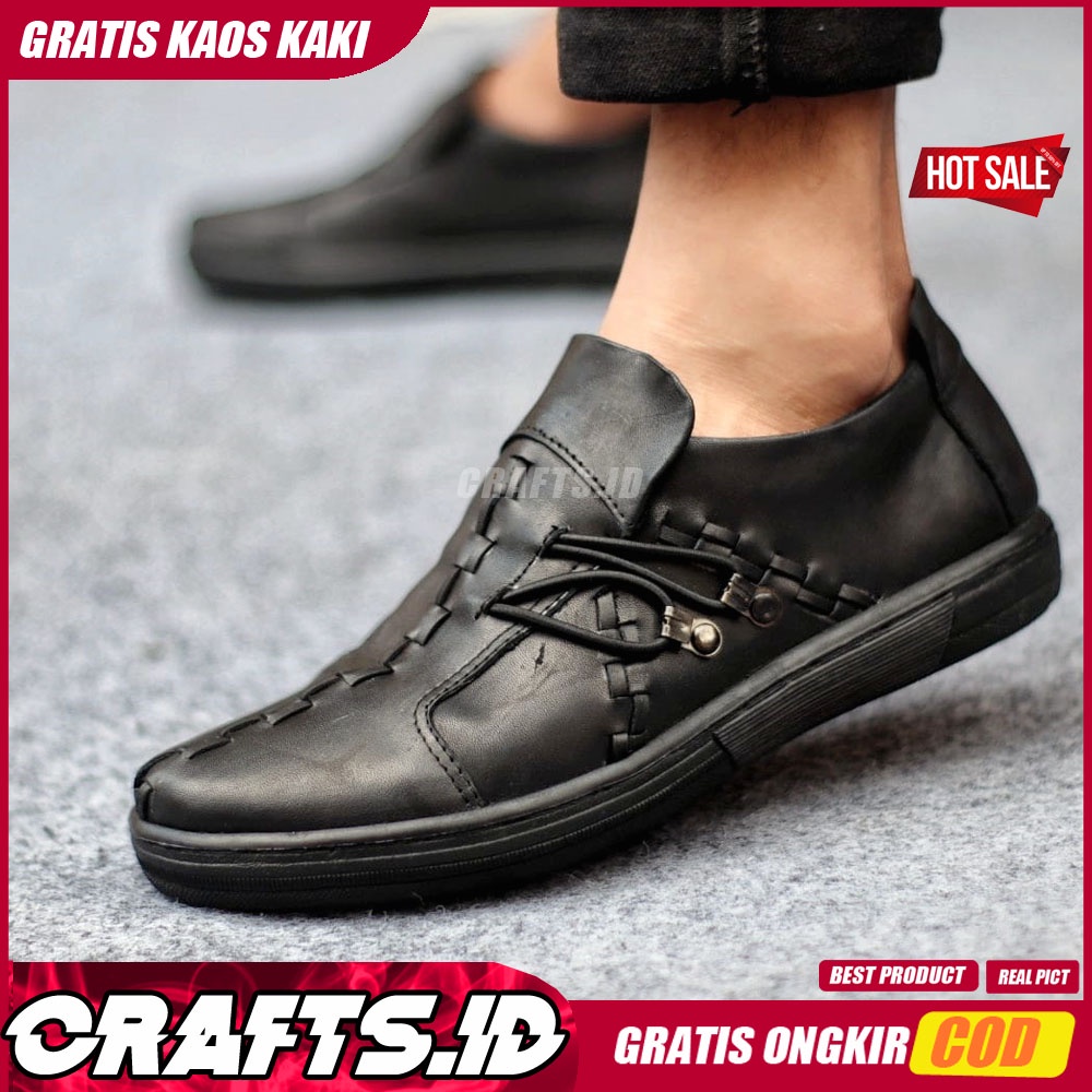 CRAFTS X FIXXI Sepatu Slip On Pria Sepatu Pria Casual Sepatu Kasual Antislip Slop Kulit Asli Kerja Kantor Kondangan Cowok/Cowo Gaya Santai Kekinian Murah Terlaris Original