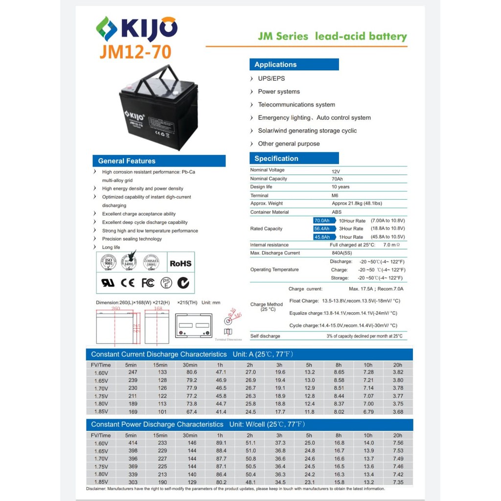 Battery VRLA UPS Deepcycle 12Volt 70AH/ KIJO JM 12-70