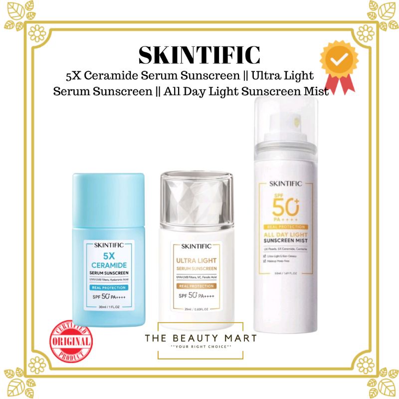 SKINTIFIC - 5x Ceramide Serum Sunscreen SPF 50 PA++++ || Ultra Light Serum Sunscreen SPF 50 PA++++ || All Day Light Sunscreen Mist SPF 50 PA++++