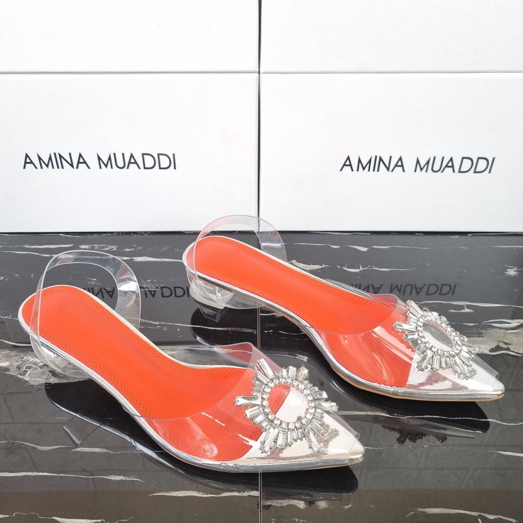 SEPATU AMINA MUADDI BEGUM CRYSTAL GLASS SLING HEELS TRANSPARENT PVS - SAM001