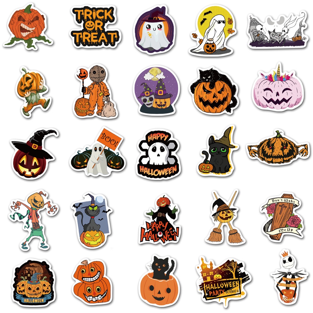 50 Pcs Halloween Theme Ghost Pumpkin Witch Pattern Waterproof Graffiti Stickers for Laptop Fridge Luggage Decoration