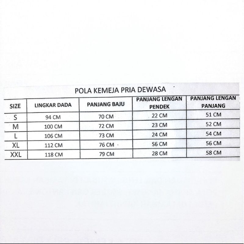 POLA KEMEJA PRIA DEWASA 5 UKURAN ( SATU SET)