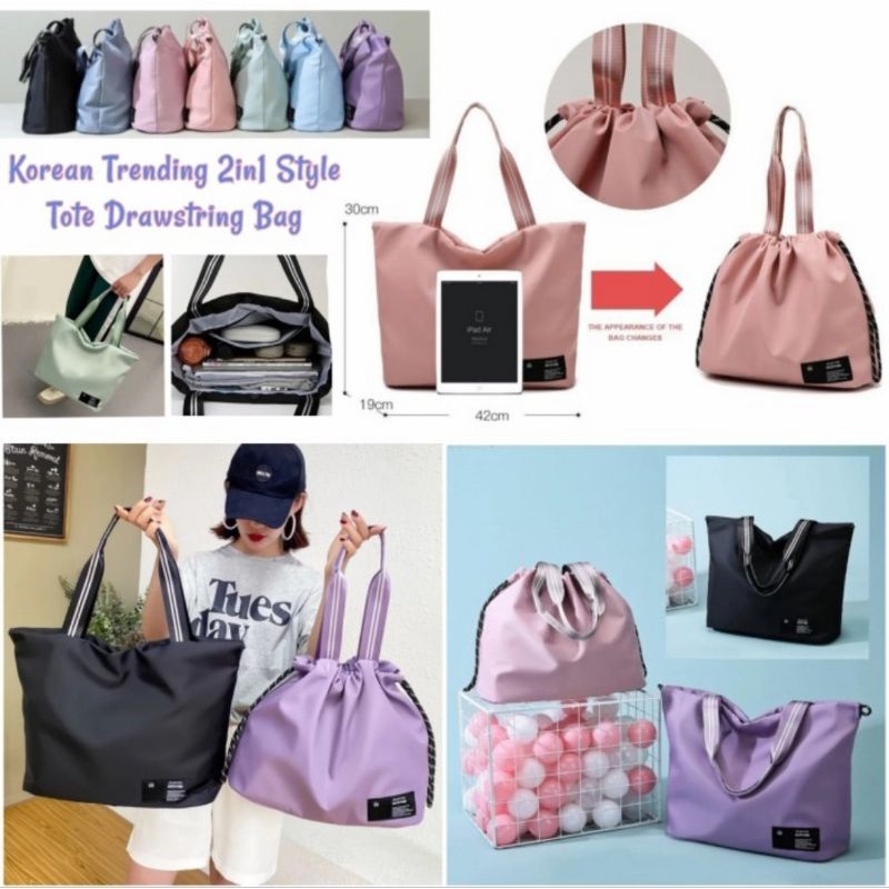 Korean Trending 2in1 Drawstring Oxford Tote Bag Double Opening Gym Bag