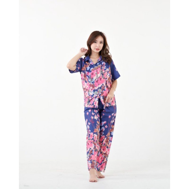 Piyama Wanita Baju Tidur Wanita Dewasa Baju Tidur Piyama Satin Apple-Rose 3D Navy