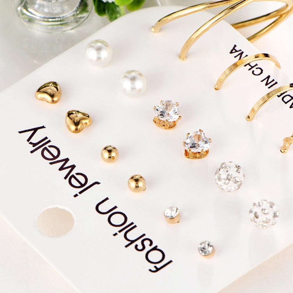 Timekey 9 Pasang / Set Anting Tusuk Desain Geometri Hias Zircon + Mutiara Untuk Wanita A2K6